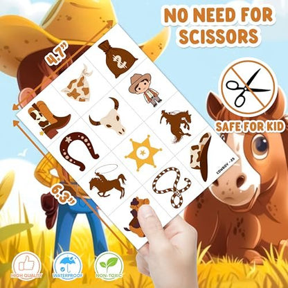 Cowboy Party Favors 48-Pack: Temporary Tattoos & Stick Hands for Kids Birthday, Goodie Bags, Classroom Prizes