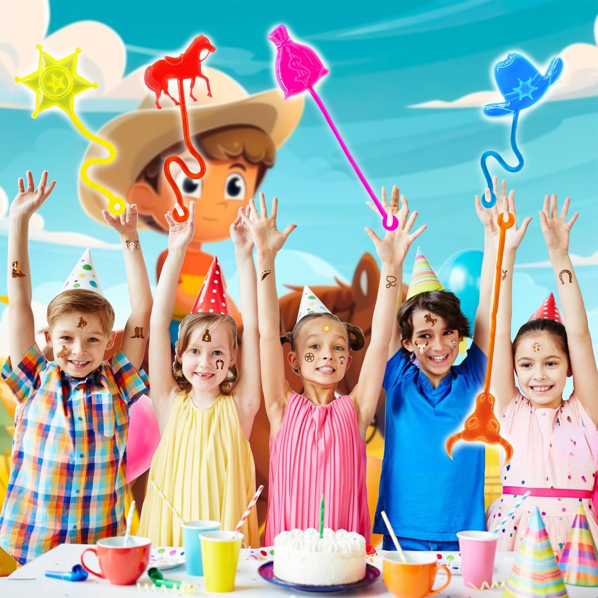 Cowboy Party Favors 48-Pack: Temporary Tattoos & Stick Hands for Kids Birthday, Goodie Bags, Classroom Prizes - görsel 11