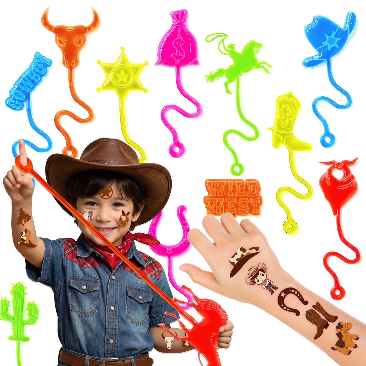 Cowboy Party Favors 48-Pack: Temporary Tattoos & Stick Hands for Kids Birthday, Goodie Bags, Classroom Prizes - görsel 1