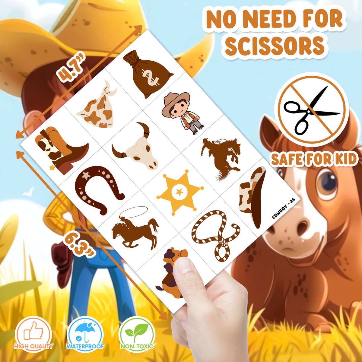 Cowboy Party Favors 48-Pack: Temporary Tattoos & Stick Hands for Kids Birthday, Goodie Bags, Classroom Prizes - görsel 17