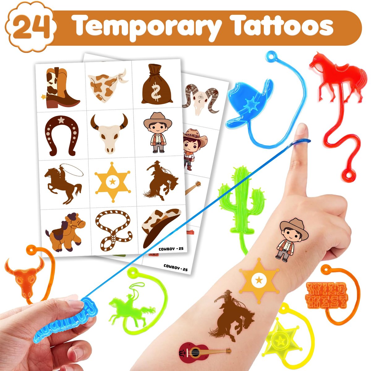 Cowboy Party Favors 48-Pack: Temporary Tattoos & Stick Hands for Kids Birthday, Goodie Bags, Classroom Prizes - görsel 3