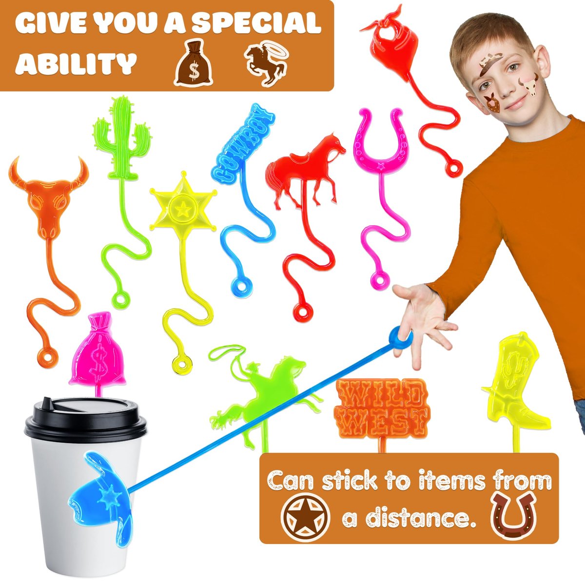 Cowboy Party Favors 48-Pack: Temporary Tattoos & Stick Hands for Kids Birthday, Goodie Bags, Classroom Prizes - görsel 9