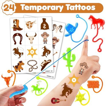 Cowboy Party Favors 48-Pack: Temporary Tattoos & Stick Hands for Kids Birthday, Goodie Bags, Classroom Prizes