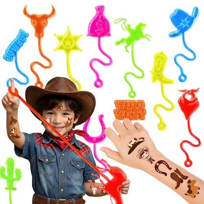 Cowboy Party Favors 48-Pack: Temporary Tattoos & Stick Hands for Kids Birthday, Goodie Bags, Classroom Prizes