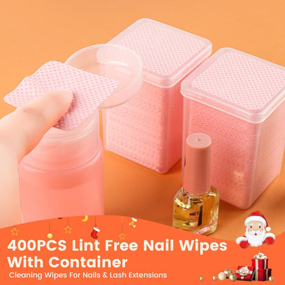 Corconess 400 PCS Lint Free Nail Wipes with Dispenser - Gel Nail Polish Remover Wipes with Acetone Dispenser, Lash Extensions Glue Cleaning Wipes with Empty Pump Dispenser Bottle