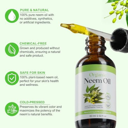 APUUFYQC Pure Neem Oil for Skin & Hair - Cold Pressed, Hexane Free, 2.02 oz