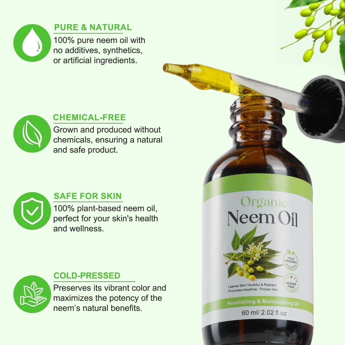 APUUFYQC Pure Neem Oil for Skin & Hair - Cold Pressed, Hexane Free, 2.02 oz - görsel 7