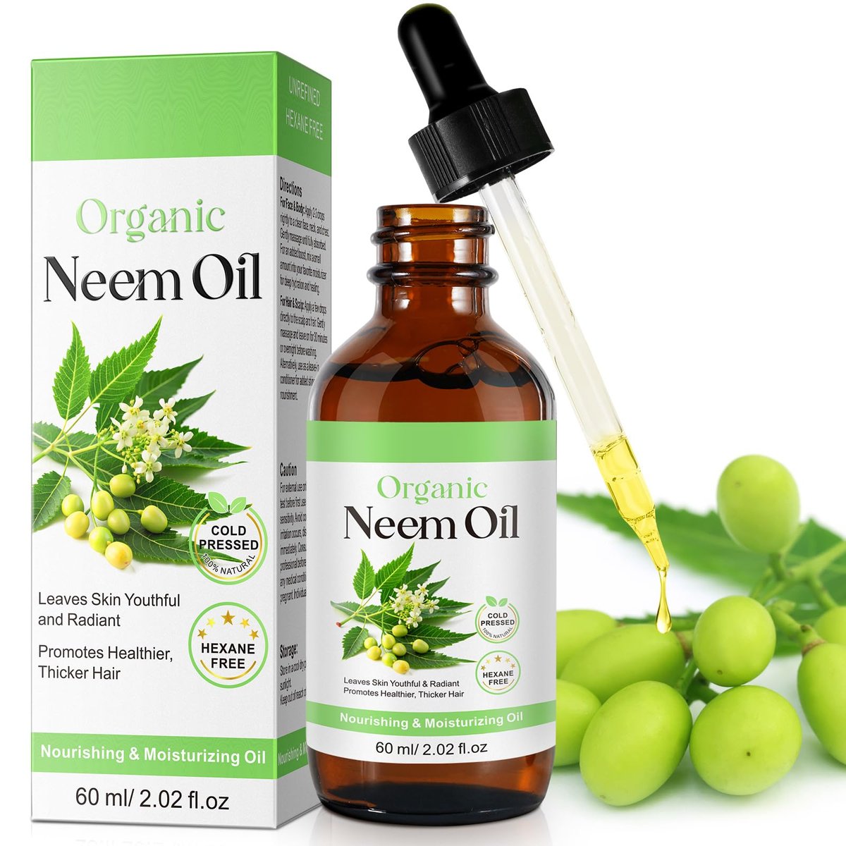 APUUFYQC Pure Neem Oil for Skin & Hair - Cold Pressed, Hexane Free, 2.02 oz - görsel 1