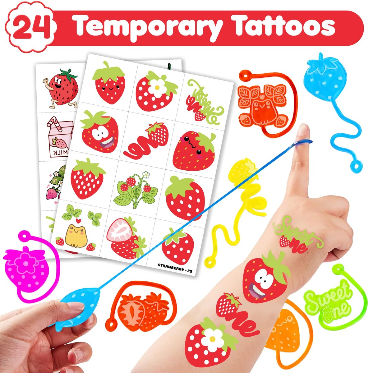 48PCS Strawberry Party Favors: Berry First Temporary Tattoos & Stick Hands for Kids Birthday Supplies, Goodie Bag Stuffers, Classroom Prizes - görsel 3
