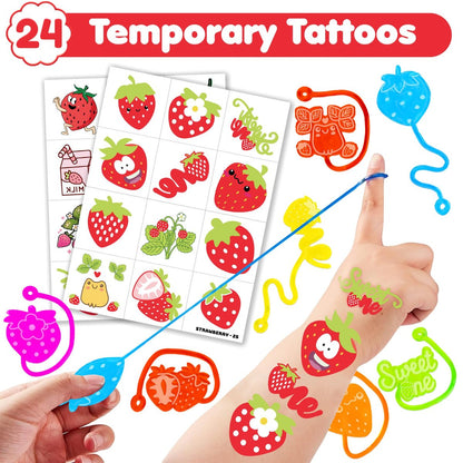 48PCS Strawberry Party Favors: Berry First Temporary Tattoos & Stick Hands for Kids Birthday Supplies, Goodie Bag Stuffers, Classroom Prizes