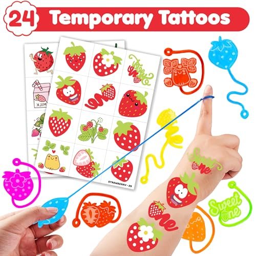 48PCS Strawberry Party Favors: Berry First Temporary Tattoos & Stick Hands for Kids Birthday Supplies, Goodie Bag Stuffers, Classroom Prizes - görsel 4