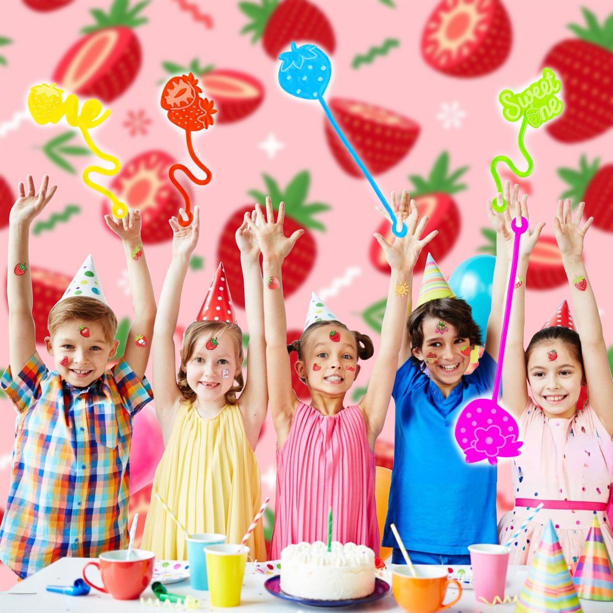 48PCS Strawberry Party Favors: Berry First Temporary Tattoos & Stick Hands for Kids Birthday Supplies, Goodie Bag Stuffers, Classroom Prizes - görsel 11