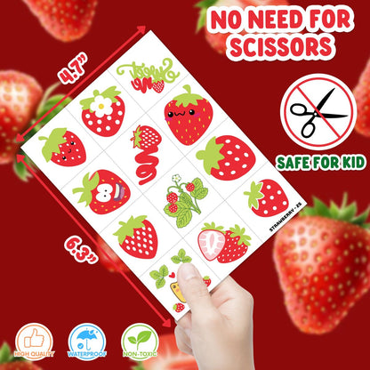 48PCS Strawberry Party Favors: Berry First Temporary Tattoos & Stick Hands for Kids Birthday Supplies, Goodie Bag Stuffers, Classroom Prizes