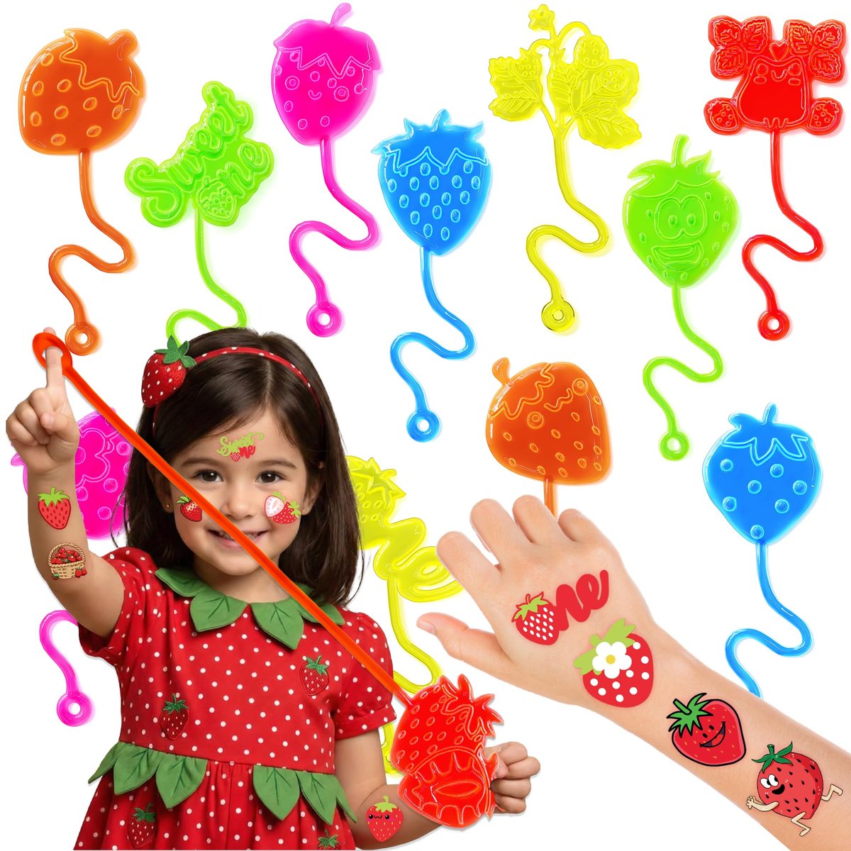 48PCS Strawberry Party Favors: Berry First Temporary Tattoos & Stick Hands for Kids Birthday Supplies, Goodie Bag Stuffers, Classroom Prizes - görsel 1
