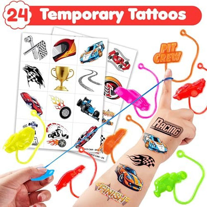 48PCS Race Car Party Favors: Temporary Tattoos & Stick Hands for Kids Birthday Supplies, Goodie Bag Stuffers, Classroom Prizes