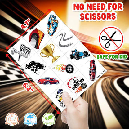 48PCS Race Car Party Favors: Temporary Tattoos & Stick Hands for Kids Birthday Supplies, Goodie Bag Stuffers, Classroom Prizes