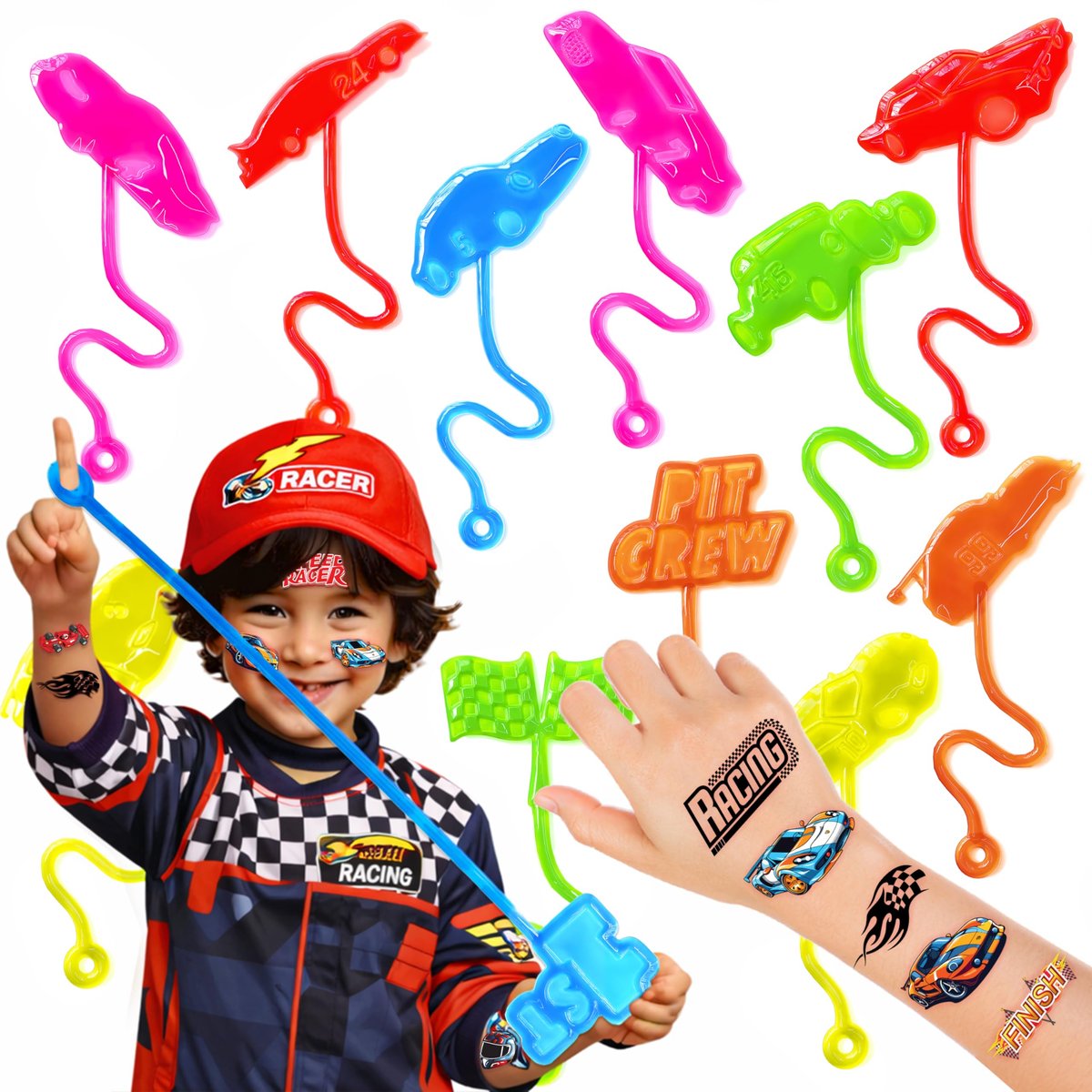 48PCS Race Car Party Favors: Temporary Tattoos & Stick Hands for Kids Birthday Supplies, Goodie Bag Stuffers, Classroom Prizes - görsel 1