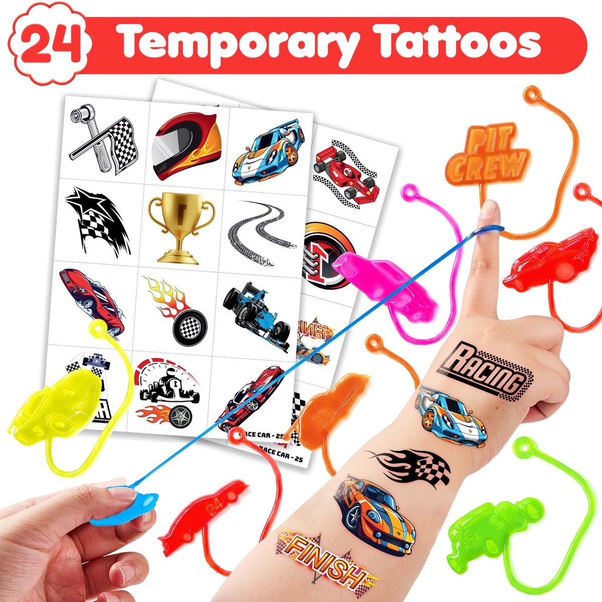 48PCS Race Car Party Favors: Temporary Tattoos & Stick Hands for Kids Birthday Supplies, Goodie Bag Stuffers, Classroom Prizes - görsel 3