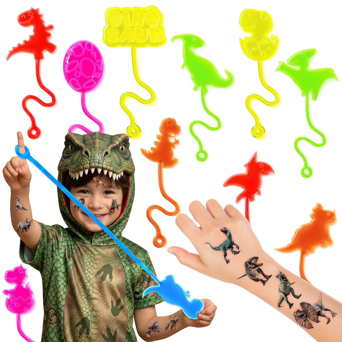 48-Piece Dinosaur Party Favors: Temporary Tattoos & Sticky Hands for Kids Birthday Goodie Bags, Classroom Prizes, and Treasure Box Toys - görsel 1