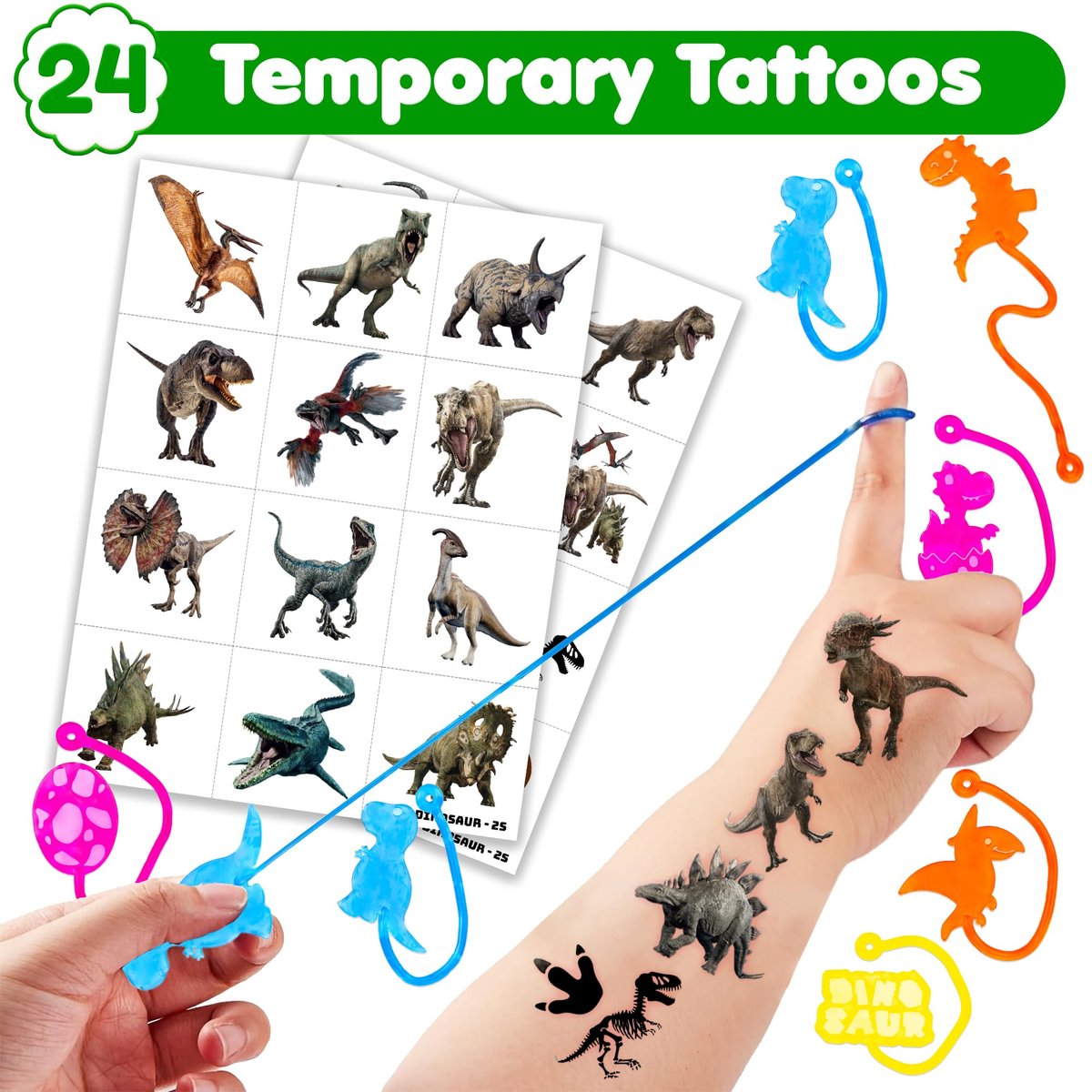 48-Piece Dinosaur Party Favors: Temporary Tattoos & Sticky Hands for Kids Birthday Goodie Bags, Classroom Prizes, and Treasure Box Toys - görsel 3