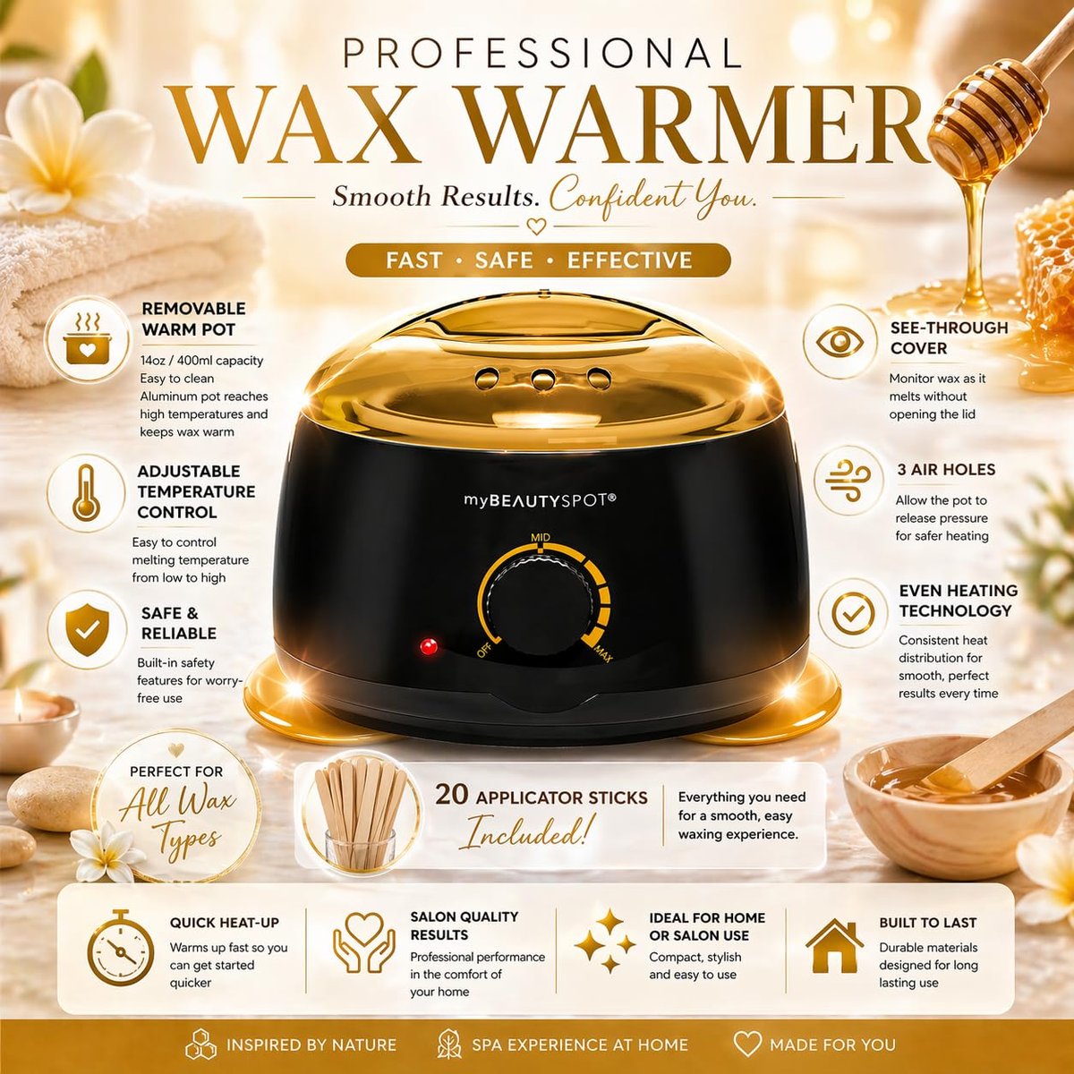 My Beauty Spot Wax Warmer Kit for Hair Removal – At Home Wax Machine for Women – Full Body Bikini Brazilian – Includes Wax Beads & Sticks (33.33 oz) Avelisse