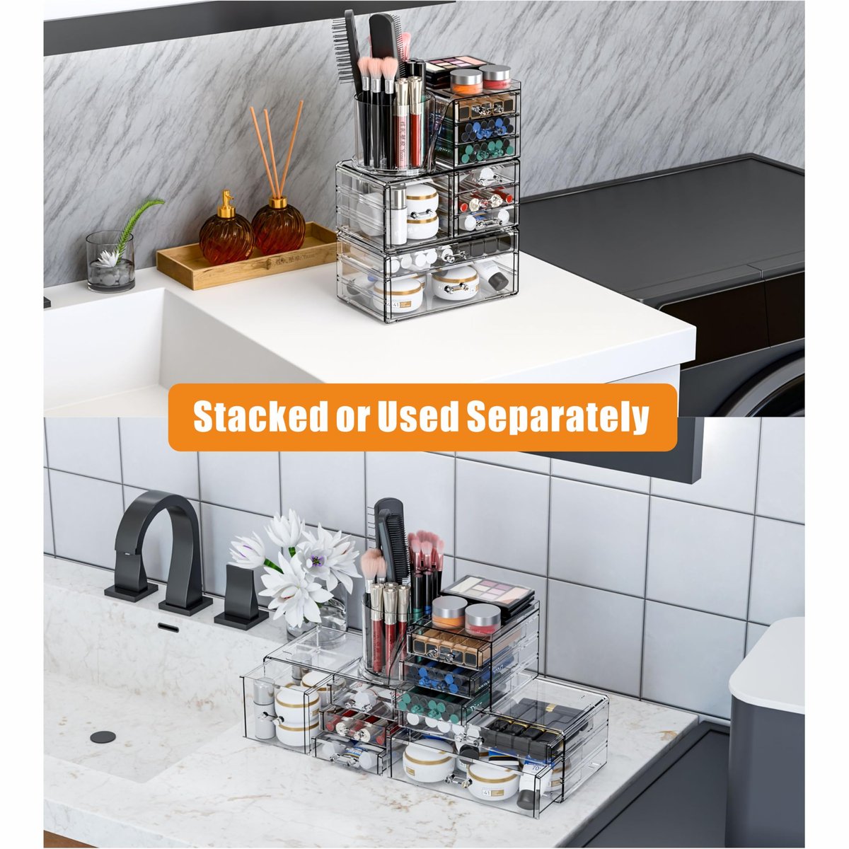 SuoXing 3-Pack Clear Acrylic Makeup Organizer with 9 Drawers – Countertop Skincare Storage and Brush Holder for Vanity, Bathroom, Beauty & Hair Accessories Avelisse