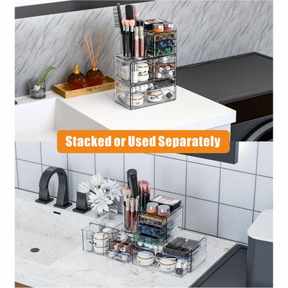 SuoXing 3-Pack Clear Acrylic Makeup Organizer with 9 Drawers – Countertop Skincare Storage and Brush Holder for Vanity, Bathroom, Beauty & Hair Accessories Avelisse