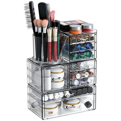SuoXing 3-Pack Clear Acrylic Makeup Organizer with 9 Drawers – Countertop Skincare Storage and Brush Holder for Vanity, Bathroom, Beauty & Hair Accessories Avelisse