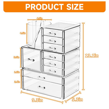 SuoXing 3-Pack Clear Acrylic Makeup Organizer with 9 Drawers – Countertop Skincare Storage and Brush Holder for Vanity, Bathroom, Beauty & Hair Accessories Avelisse