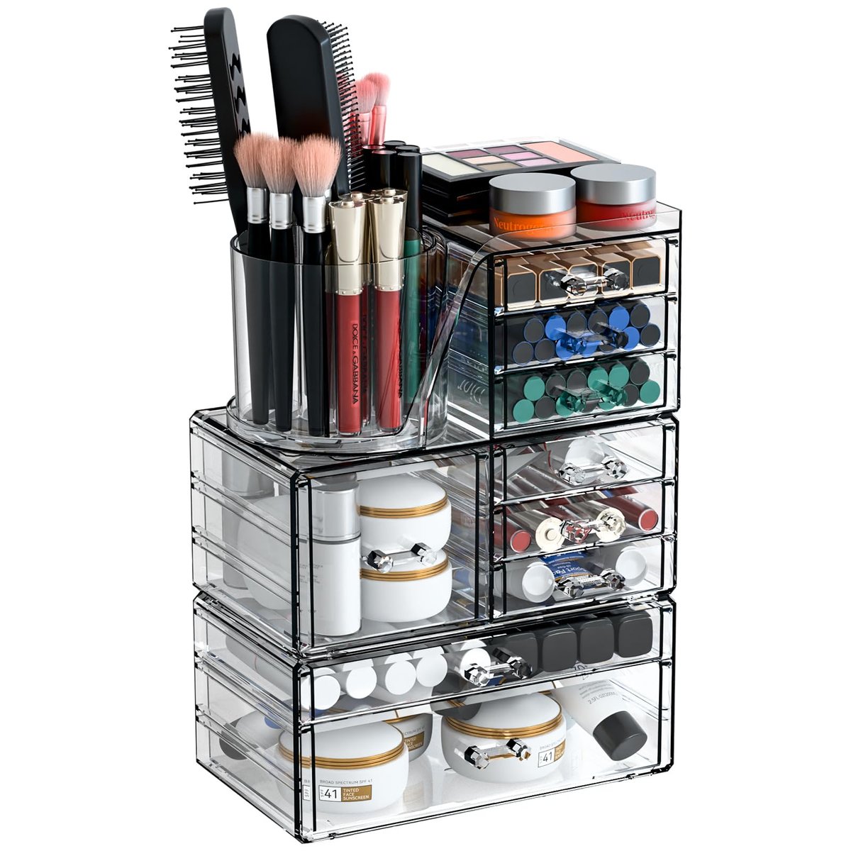 SuoXing 3-Pack Clear Acrylic Makeup Organizer with 9 Drawers – Countertop Skincare Storage and Brush Holder for Vanity, Bathroom, Beauty & Hair Accessories Avelisse