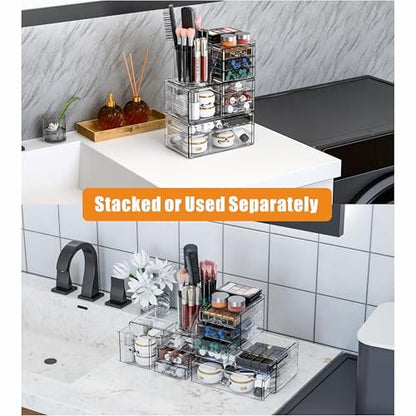 SuoXing 3-Pack Clear Acrylic Makeup Organizer with 9 Drawers – Countertop Skincare Storage and Brush Holder for Vanity, Bathroom, Beauty & Hair Accessories Avelisse
