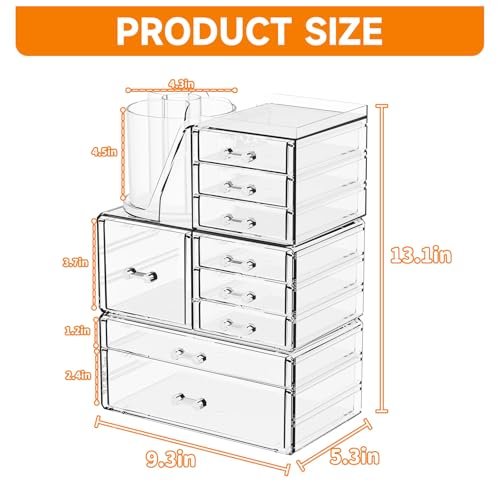 SuoXing 3-Pack Clear Acrylic Makeup Organizer with 9 Drawers – Countertop Skincare Storage and Brush Holder for Vanity, Bathroom, Beauty & Hair Accessories Avelisse