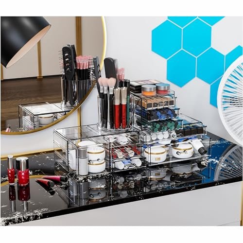 SuoXing 3-Pack Clear Acrylic Makeup Organizer with 9 Drawers – Countertop Skincare Storage and Brush Holder for Vanity, Bathroom, Beauty & Hair Accessories Avelisse