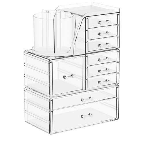SuoXing 3-Pack Clear Acrylic Makeup Organizer with 9 Drawers – Countertop Skincare Storage and Brush Holder for Vanity, Bathroom, Beauty & Hair Accessories Avelisse