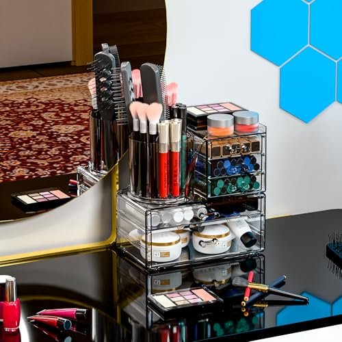 Clear Acrylic Makeup Organizer for Vanity - 3 Pack Countertop Drawer & Brush Holder, Plastic Skincare Storage for Hair Accessories, Beauty Products, Bathroom, Dresser Avelisse
