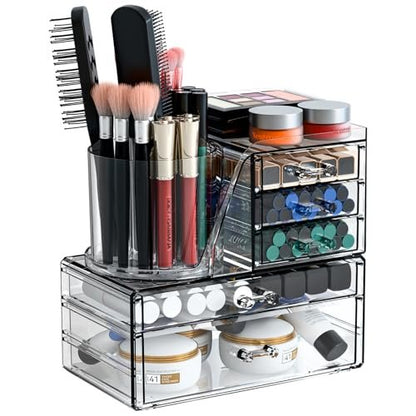 Clear Acrylic Makeup Organizer for Vanity - 3 Pack Countertop Drawer & Brush Holder, Plastic Skincare Storage for Hair Accessories, Beauty Products, Bathroom, Dresser Avelisse