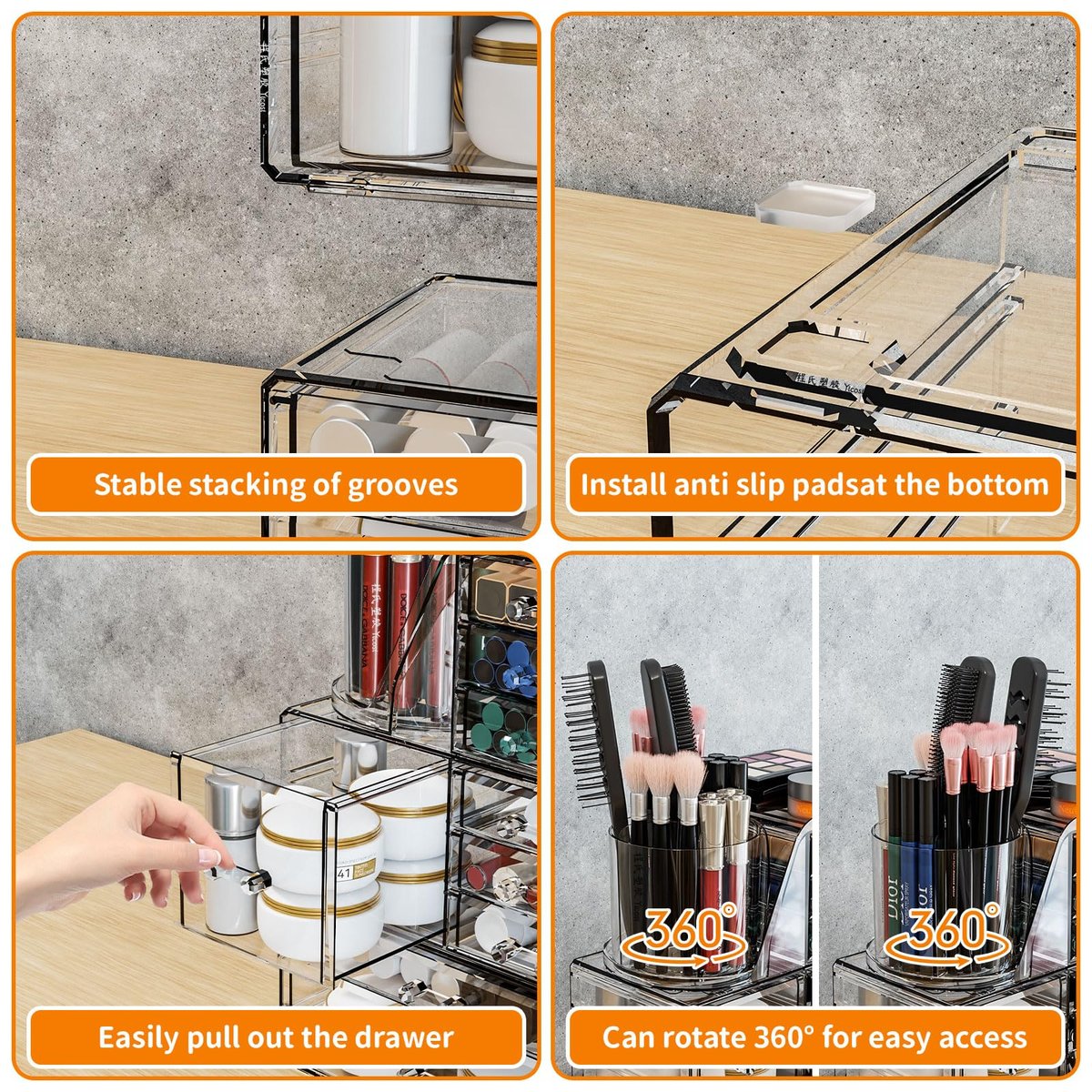 Clear Acrylic Makeup Organizer for Vanity - 3 Pack Countertop Drawer & Brush Holder, Plastic Skincare Storage for Hair Accessories, Beauty Products, Bathroom, Dresser Avelisse