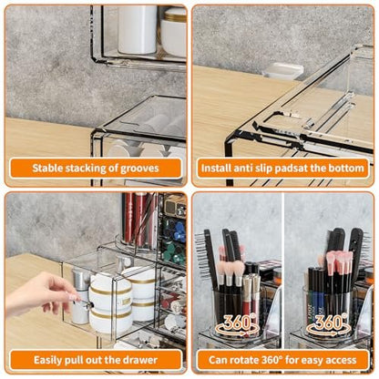 Clear Acrylic Makeup Organizer for Vanity - 3 Pack Countertop Drawer & Brush Holder, Plastic Skincare Storage for Hair Accessories, Beauty Products, Bathroom, Dresser Avelisse