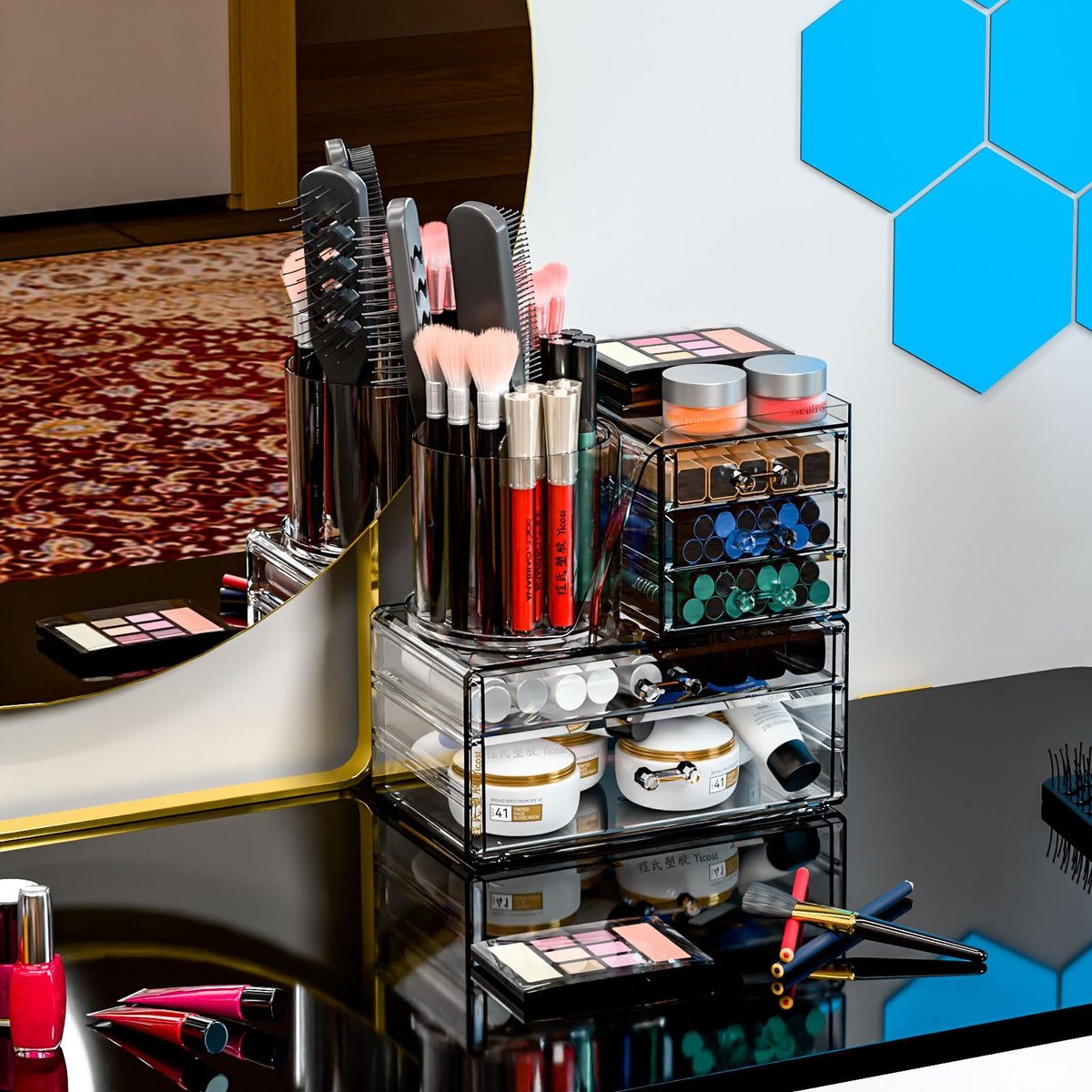 Clear Acrylic Makeup Organizer for Vanity - 3 Pack Countertop Drawer & Brush Holder, Plastic Skincare Storage for Hair Accessories, Beauty Products, Bathroom, Dresser Avelisse