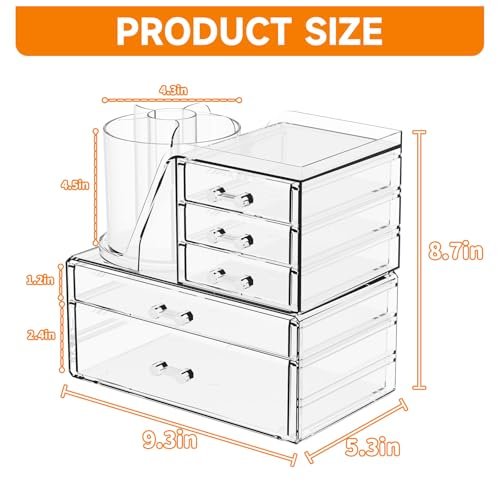 Clear Acrylic Makeup Organizer for Vanity - 3 Pack Countertop Drawer & Brush Holder, Plastic Skincare Storage for Hair Accessories, Beauty Products, Bathroom, Dresser Avelisse