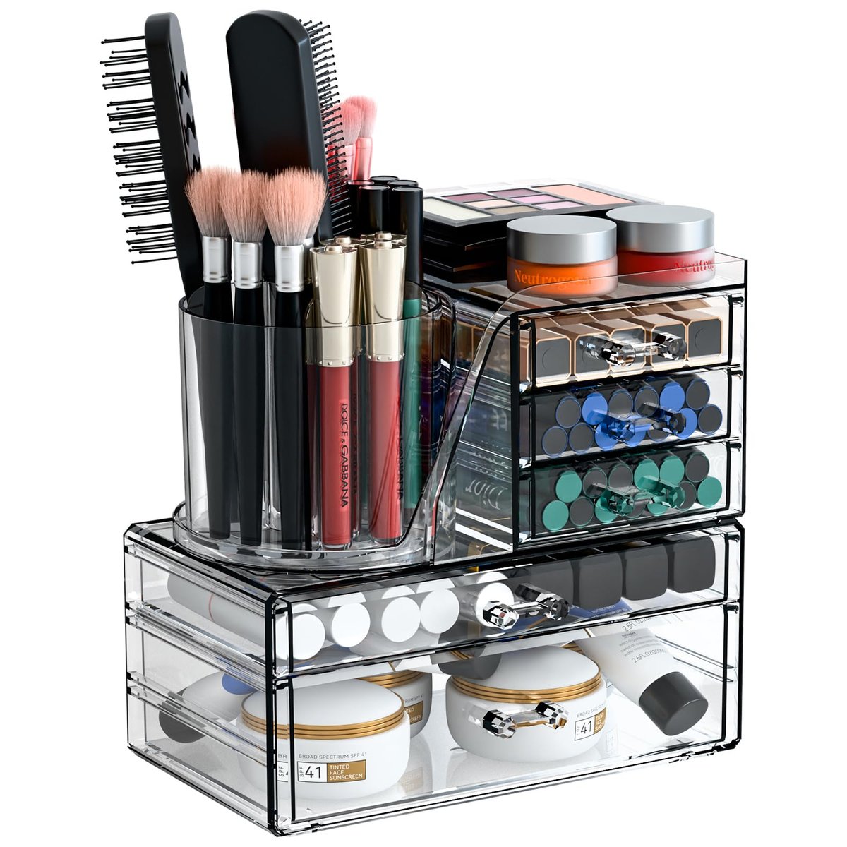 Clear Acrylic Makeup Organizer for Vanity - 3 Pack Countertop Drawer & Brush Holder, Plastic Skincare Storage for Hair Accessories, Beauty Products, Bathroom, Dresser Avelisse