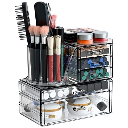 Clear Acrylic Makeup Organizer for Vanity - 3 Pack Countertop Drawer & Brush Holder, Plastic Skincare Storage for Hair Accessories, Beauty Products, Bathroom, Dresser Avelisse
