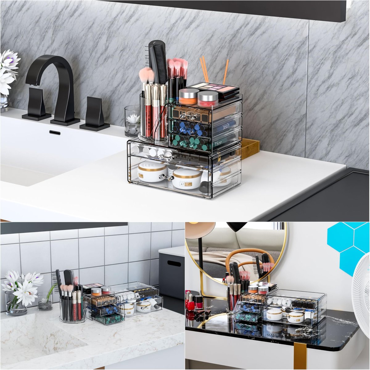 Clear Acrylic Makeup Organizer for Vanity - 3 Pack Countertop Drawer & Brush Holder, Plastic Skincare Storage for Hair Accessories, Beauty Products, Bathroom, Dresser Avelisse