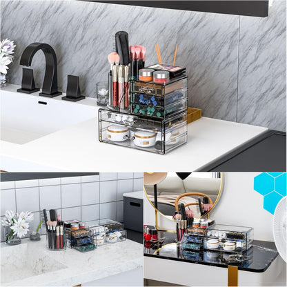 Clear Acrylic Makeup Organizer for Vanity - 3 Pack Countertop Drawer & Brush Holder, Plastic Skincare Storage for Hair Accessories, Beauty Products, Bathroom, Dresser Avelisse