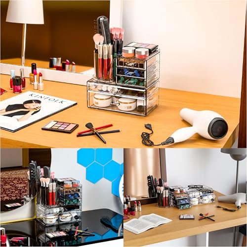 Clear Acrylic Makeup Organizer for Vanity - 3 Pack Countertop Drawer & Brush Holder, Plastic Skincare Storage for Hair Accessories, Beauty Products, Bathroom, Dresser Avelisse
