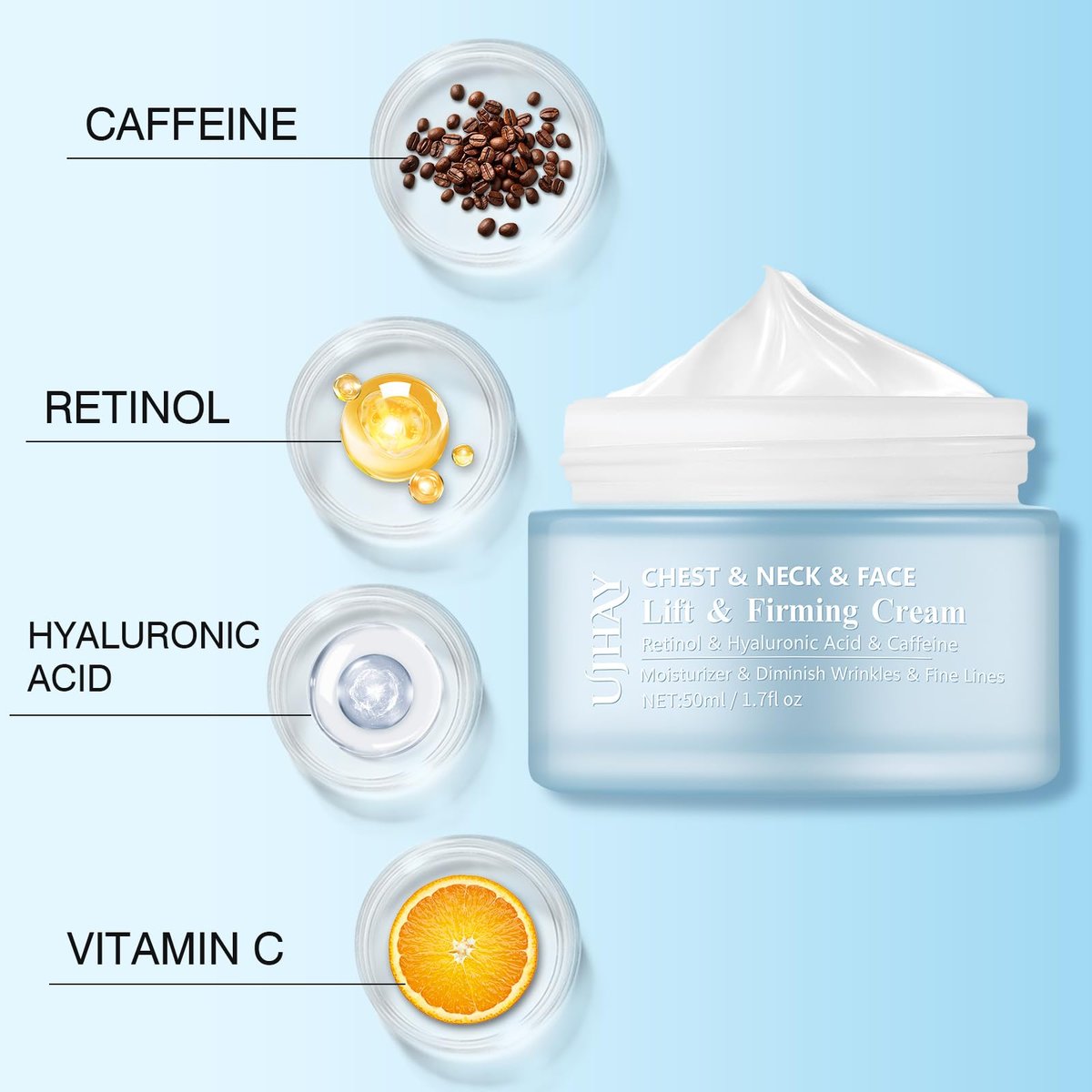 UJhay Retinol Neck Cream with Hyaluronic Acid & Caffeine - Firming Moisturizer for Neck, Chest & Face (1.7 oz) - görsel 3