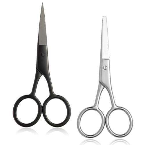 2PCS Small Grooming Scissors for Men and Women, Facial Hair Trimming Scissors with Straight & Rounded Safety Tips for Eyebrows, Nose Hair, Beard, Mustache, Eyelashes, and Ear Hair - Silver & Black - görsel 2