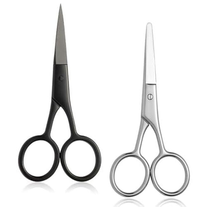 2PCS Small Grooming Scissors for Men and Women, Facial Hair Trimming Scissors with Straight & Rounded Safety Tips for Eyebrows, Nose Hair, Beard, Mustache, Eyelashes, and Ear Hair - Silver & Black