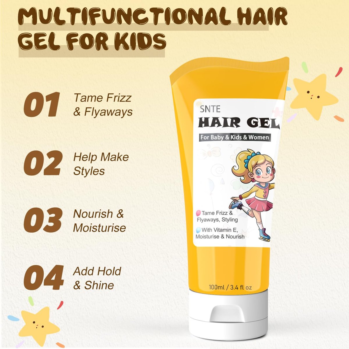 Samnyte Hair Gel for Kids - Fly Away Hair Tamer, Styling Gel with Vitamin E, Flexible Hold for Boys & Girls, 3.4 Fl Oz - görsel 13
