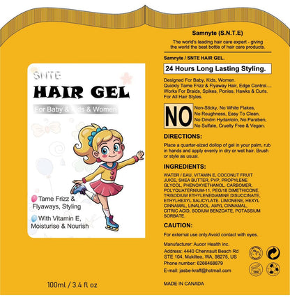 Samnyte Hair Gel for Kids - Fly Away Hair Tamer, Styling Gel with Vitamin E, Flexible Hold for Boys & Girls, 3.4 Fl Oz
